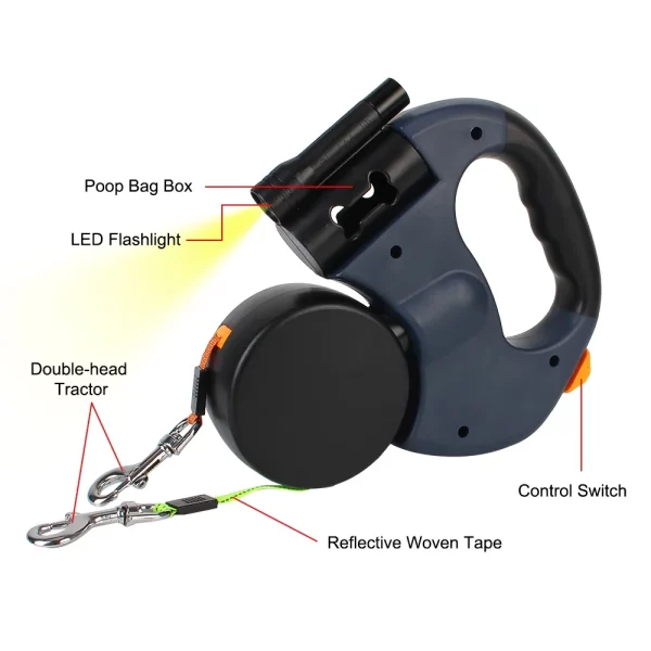 Blue dual dog leash highlighting the integrated LED flashlight feature