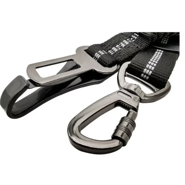 Black dog car seat belt with reflective stitching detail