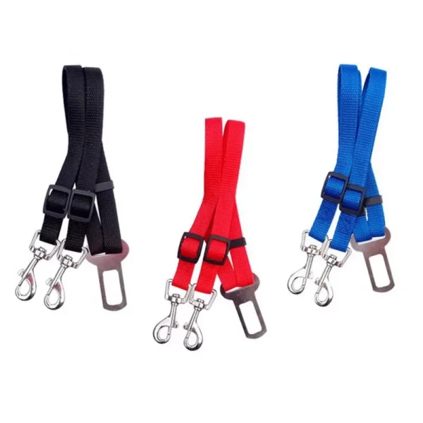 Pet car safety belt in black, showing the adjustable strap and metal buckle