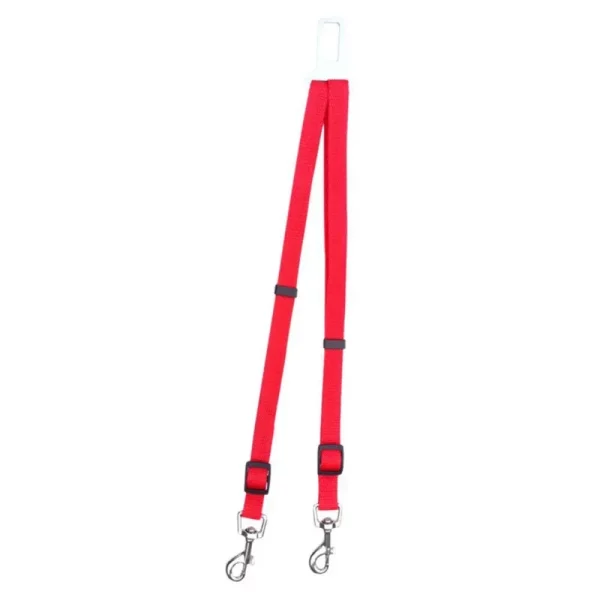 Pet car safety belt with blue strap, demonstrating its flexibility