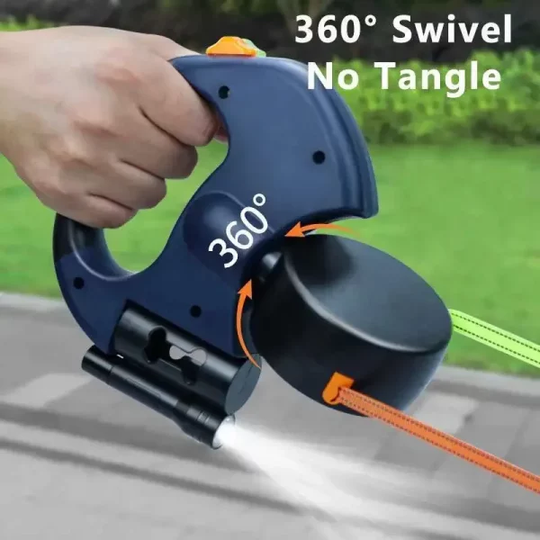 Close-up of LED flashlight and waste bag dispenser on double dog leash