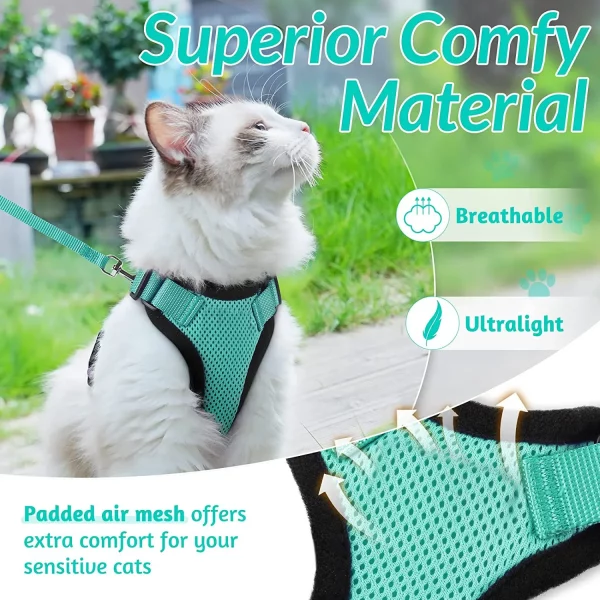 Side view of a soft, padded cat vest harness fitted comfortably on a feline.
