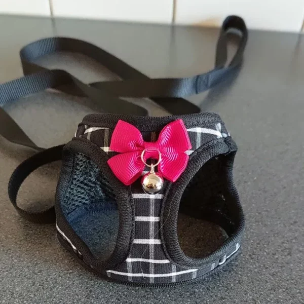 Cat harness with attached leash and bell, side view