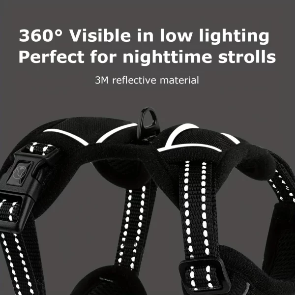 Close-up of the black mesh dog harness buckle and strap