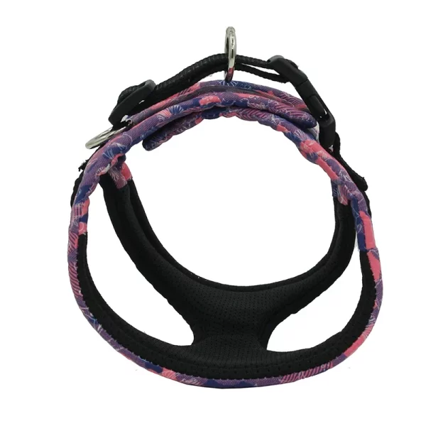 Close-up of the breathable mesh fabric and soft padding on a dog harness