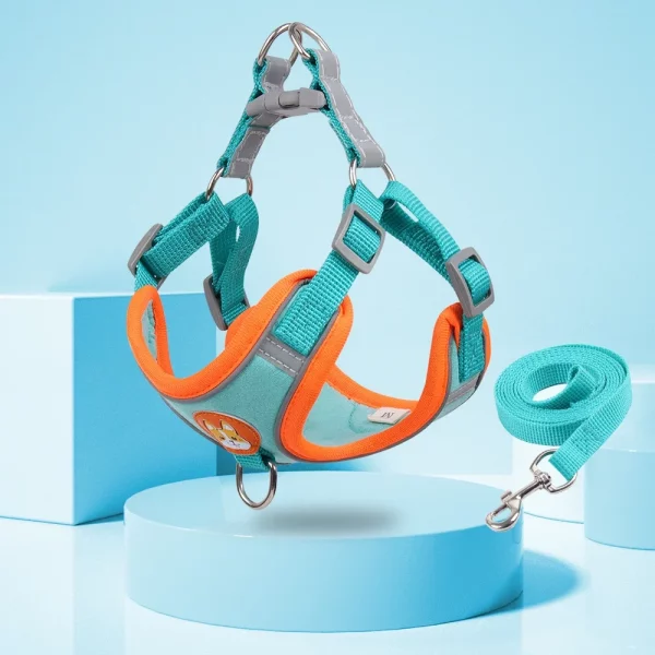 Blue pet harness and leash set on a white background, showing the adjustable strap.