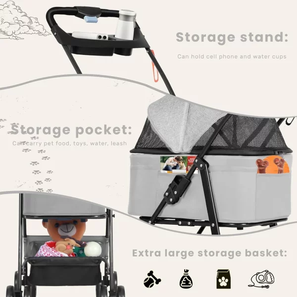 Pet stroller with dog inside, demonstrating spaciousness.