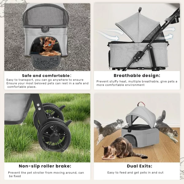 Side profile of pet stroller, highlighting frame and wheel design.