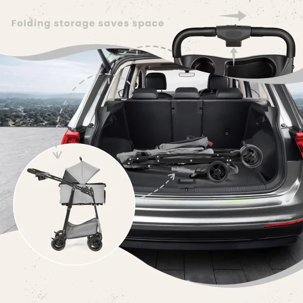 Pet stroller folded for transport, showing compact design.