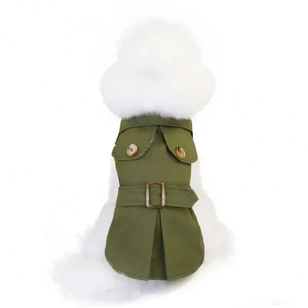 Dog wearing a khaki winter jacket, presented from the side profile