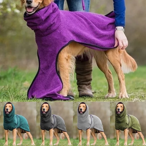 Dog in a purple fleece hoodie jacket, side profile