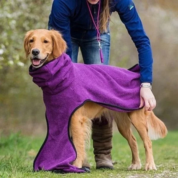 Detail shot of the dog fleece jacket, highlighting stitching and hood