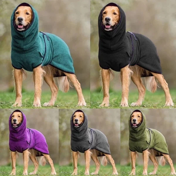 Dog wearing a grey fleece hoodie jacket, back view showing leash opening