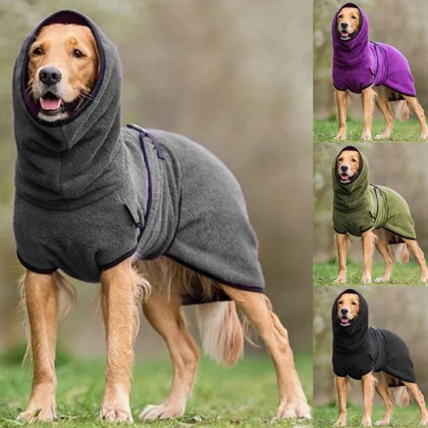Dog wearing a grey fleece hoodie jacket, front view
