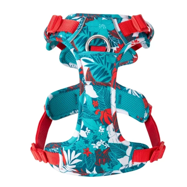 Dog harness side view showing buckle and handle