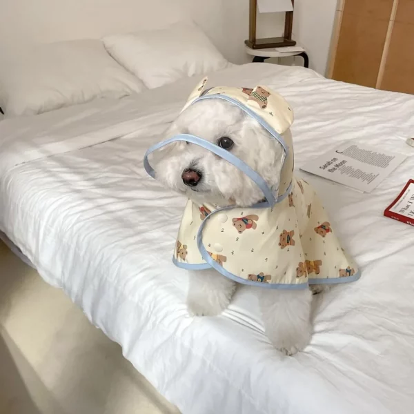 Puppy dog wearing a yellow waterproof rain coat, side view