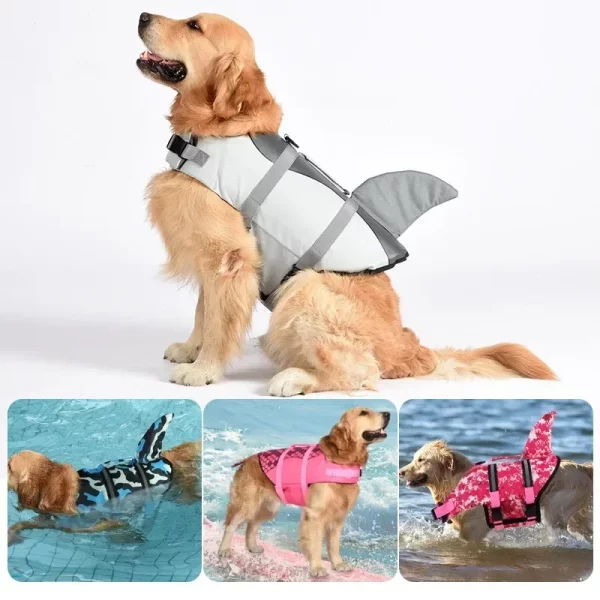 Dog wearing gray life jacket, showing back detail