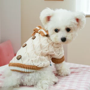 Cute pet knitted sweater in light brown, front view with button detail