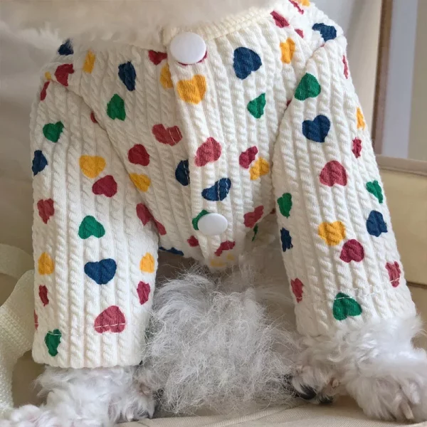 Close-up of the heart print pattern on dog clothes
