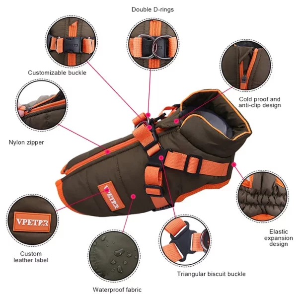 Close-up of waterproof dog jacket fabric and stitching detail for durability.