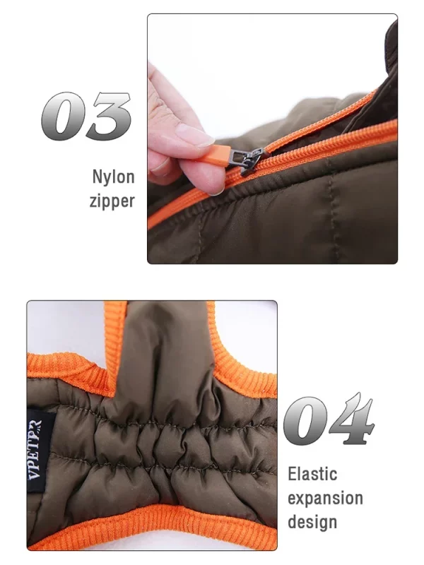 Puppy jacket with harness, back view highlighting leash D-ring placement.