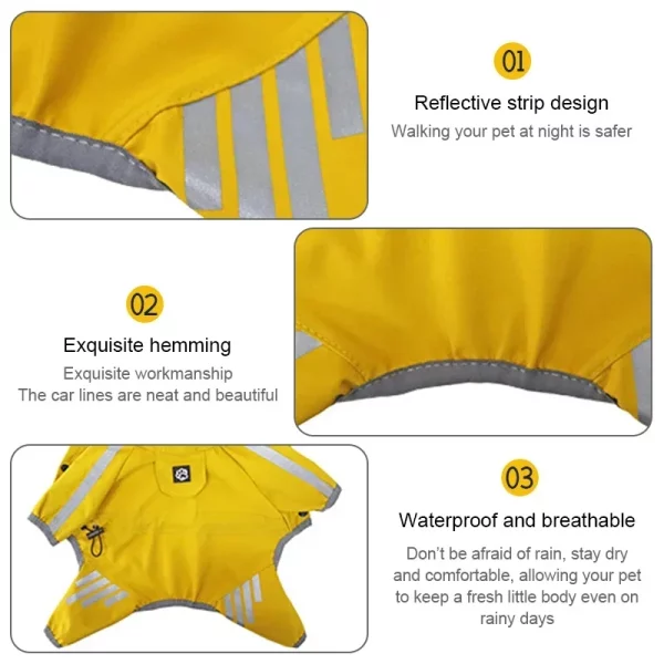 Dog raincoat, back view showing reflective strip