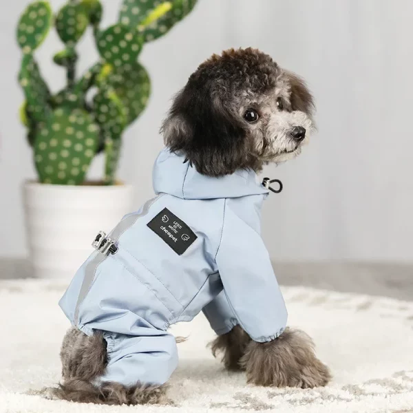 Dog wearing a blue four-legged raincoat, side view showing full coverage