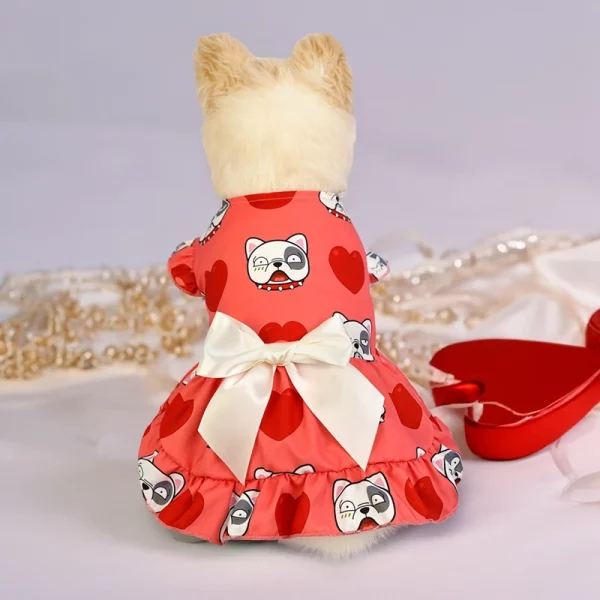Small dog wearing a yellow sleeveless dog dress, full body shot