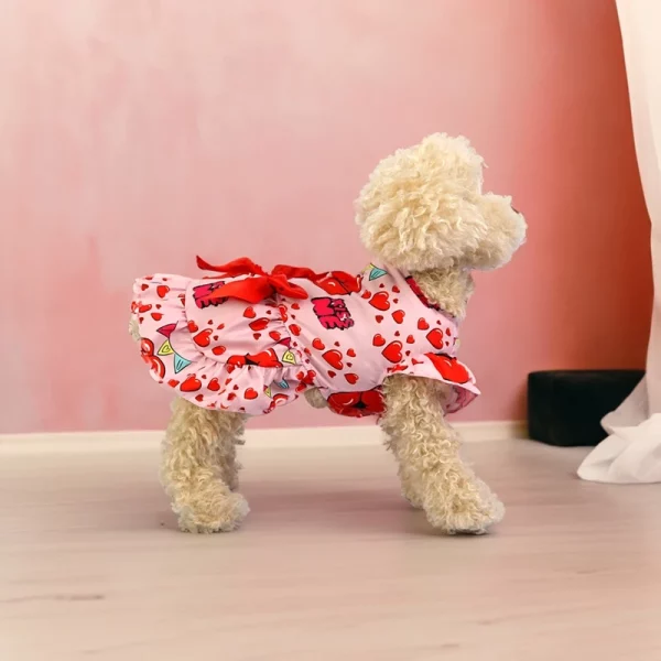 Small dog in a red dog dress with a flared skirt, back view