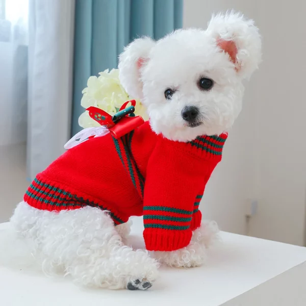 Detail of the ribbed hem and cuffs on a knitted pet sweater