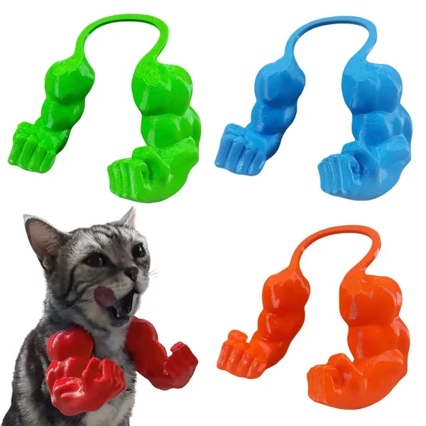 Cat wearing a 3D printed muscle arm costume, front view