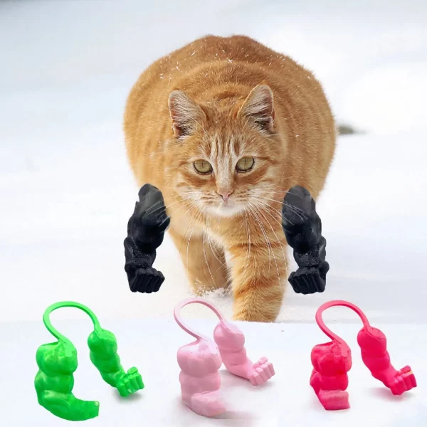 Cat with a 3D printed muscle arm costume, side profile
