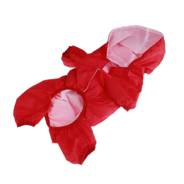 Red dog raincoat on a dog, back view showing coverage