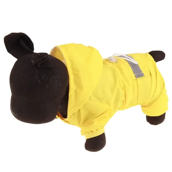Blue dog raincoat on a dog, showing hood and fit