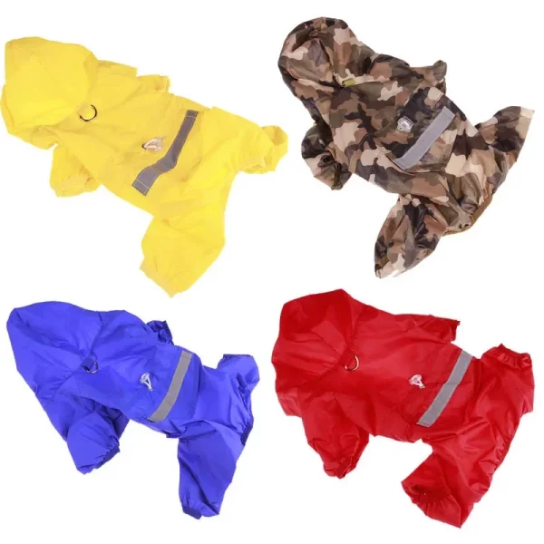 Camouflage dog raincoat on a dog, front view