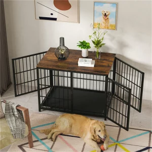 Large wooden dog crate front view in living room