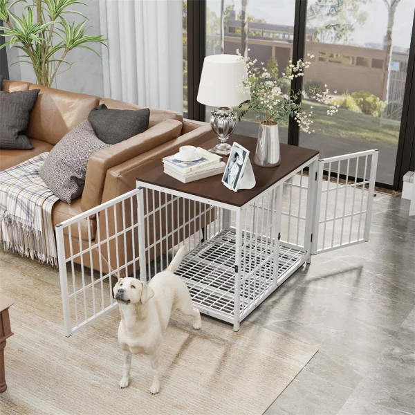Interior of dog crate with removable tray visible