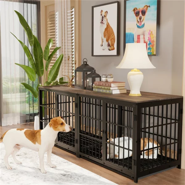 Side view of furniture dog crate showing 3-door access