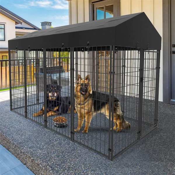 Welded metal dog playpen, side view showing secure door