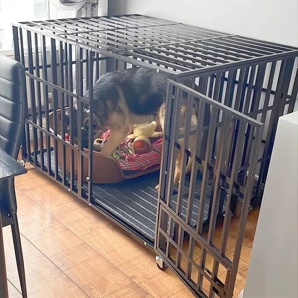 Heavy duty dog crate, three doors open, easy access and interaction