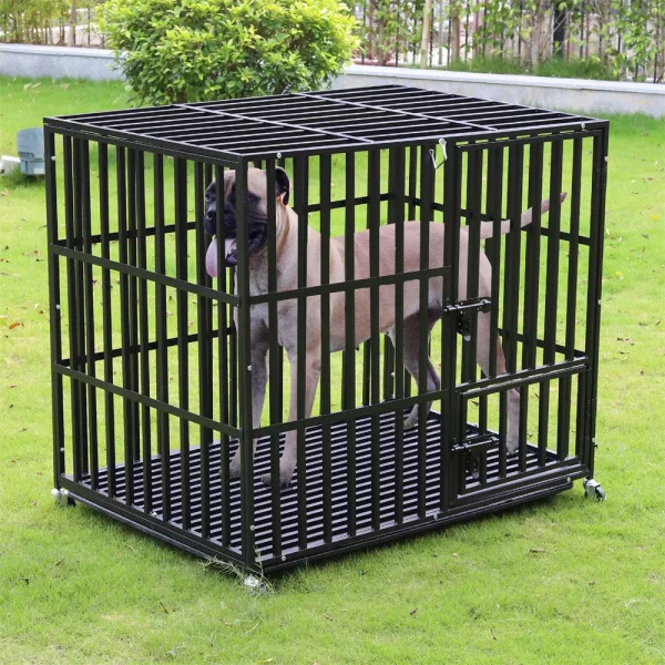 Heavy duty dog crate, side view with large dog, spacious interior