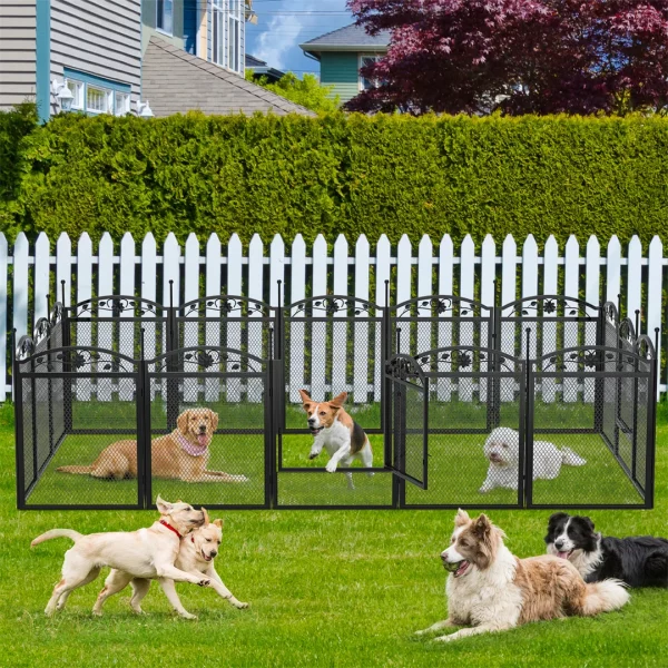 Heavy duty dog playpen, close-up of gate latch mechanism, black metal