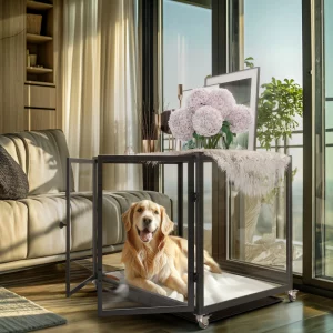Tempered glass dog crate with aluminum frame, front view