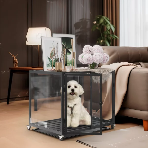 Close-up of the aluminum frame and tempered glass panel on a dog crate