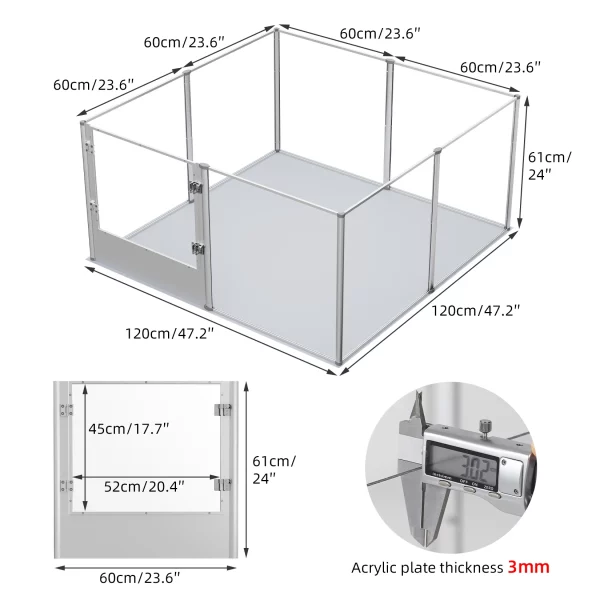 The acrylic dog playpen configured in an L-shape, demonstrating its modularity.