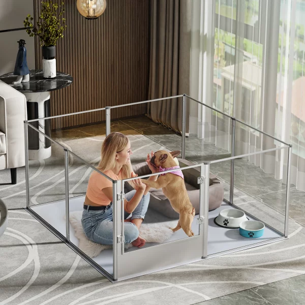 Clear acrylic dog playpen panels assembled into a square enclosure, showing high transparency.