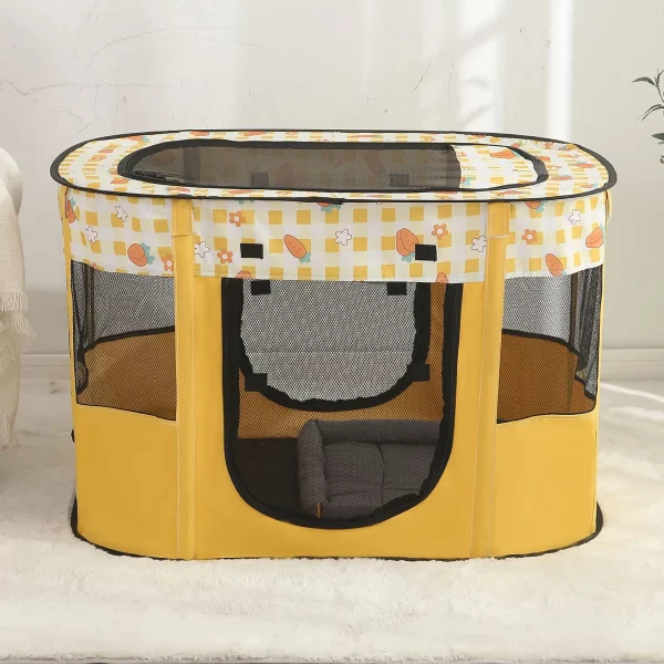 Foldable pet playpen set up outdoors, showing its spacious interior.