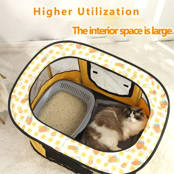 A small dog happily resting inside the portable pet playpen.