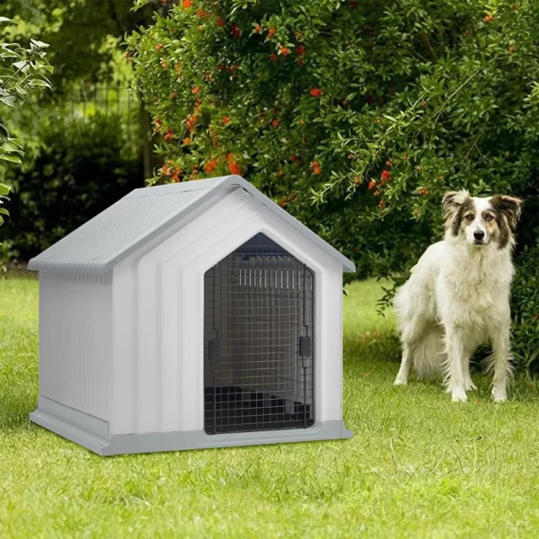 Side profile of the white plastic dog house, showing depth.