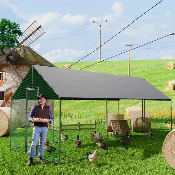 Close-up of the sturdy metal frame and nylon netting of the chicken coop